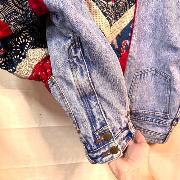 Upcycled Patchwork Denim Jacket Women L Quilted Retro Cotton Ecclectic Boho OOAK - Picture 11 of 16